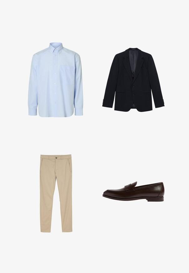 Sort herre blazer med to knapper, notch revers, to sidelommer og fire knapper på hver ærmekant, vist fladt.; Lyseblå langærmet skjorte med knapper og hvide lodrette striber, en enkelt brystlomme og en klassisk krave. Glat stoftekstur.; Beige slimfit bukser med sidelommer, bæltestropper og knaplukning i taljen, vist på en hvid baggrund.; Brun læder loafer med rund tå, syningsdetaljer og en diskret båndaccent. Slank profil med en flad gummisål.