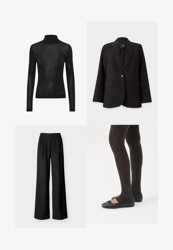 Blazer noir à bouton unique avec revers crantés, poches à rabat et manches longues sur fond blanc.; Pull à col roulé noir en tissu léger et semi-transparent. Manches longues, coupe ajustée, avec un petit logo en accent au bas.; Pantalon noir taille haute à jambes larges avec plis avant et poches latérales, présenté sur un fond clair uni.; Jambes portant des leggings côtelés foncés associés à des ballerines noires avec de petits détails en nœud sur fond blanc.