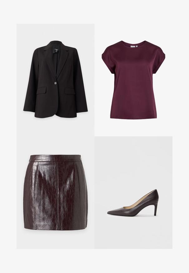 Schwarzer Blazer mit einem Knopf, mit Revers mit Kerbe, Pattentaschen und langen Ärmeln auf weißem Hintergrund.; Burgunderfarbenes T-Shirt mit kurzen Ärmeln und rundem Ausschnitt, aus glattem, leichtem Stoff gefertigt, mit lockerem Schnitt und schlichten Design.; Burgunderrote Kunstlederrock mit strukturiertem Krokodilmuster, mit hoher Taille und zwei vertikalen Nähten für zusätzliche Formgebung.; Brauner, spitz zulaufender High Heel aus Leder mit einem schlanken 7 cm hohen Absatz, glatter Textur und minimalistischem Design. Keine sichtbaren Verzierungen.