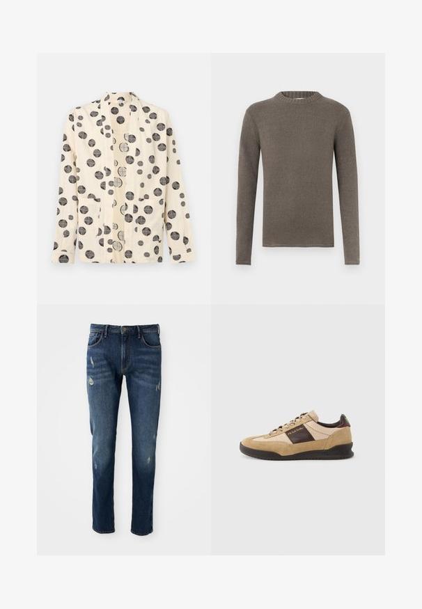 Kremfarvet blazer med lange ærmer, sorte cirkelmønstre og to forlommer, vist mod en ensfarvet lys baggrund.; Brun langærmet sweater med ribbet rund hals, lavet af blødt, tekstureret materiale. Har et enkelt, lige design uden mønstre.; Mørkeblå denimjeans med slim fit, let slid på lår og knæ, klassisk fem-lomme design og knaplukning.; Beige ruskindssneaker med et tekstureret brunt panel, kontrasterende brun hæl og flerfarvede snørebånd. Har en sort gummisål og guldfarvet mærkning.