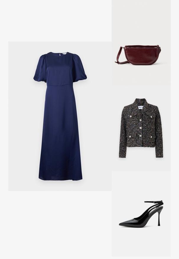 Sort, tekstureret cropped jakke med flerfarvede prikker, sølvfarvede knapper foran og en krave. Ideel til lag-på-lag styling.; Mørkeblå midi kjole med puffede korte ærmer, rund udskæring og en nøglehulslukning med knap i ryggen.; Sort laklæder sandaletter med høje hæle, spids tå og dobbelte ankelstropper med sølvspænder.; Vinrød læderhåndtaske med halvmåneform, lynlås og aftagelig rem. Glat tekstur med en subtil glans.