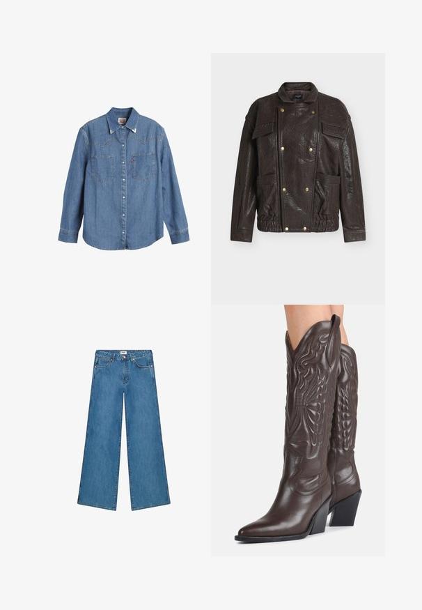 Brun jakke i imiteret læder med høj krave, forlommer, gulddetaljer og en struktureret overflade. Inkluderer et design med indsnøret talje.; Lys blå denimskjorte med lange ærmer, spids krave, to brystlommer og kontraststing. Har et western-inspireret yoke-design.; Wrangler 5-POCKET JEAN WORLD_WIDE FOR WOMENS - WIDE LEG FIT - Wide leg - mid_stone; Mørkebrune læder cowboystøvler til knæene med spidse tæer, dekorativ syning og skrå blokhæle, båret af en person.