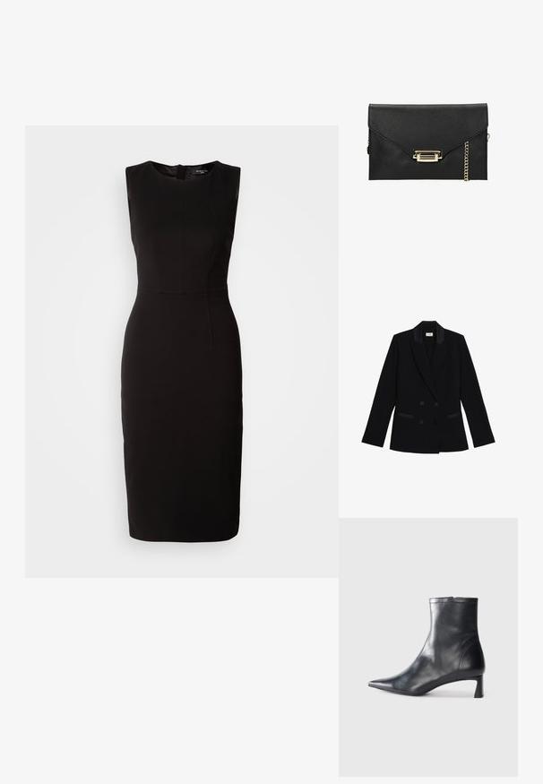Sort dobbeltbrystet blazer fremstillet af struktureret stof, med satin revers og to forlommer. Har knaplukninger og lange ærmer.; MARCIANO BY GUESS ZIP MIDI DRESS - Jerseykjole - black; Sort læder ankelstøvle med spids tå og et strømlinet design. Har en lav hæl og en lynlås lukning bagpå. Glat tekstur.; Sort læder clutch taske med en tekstureret overflade, forsynet med en hardware lås i guldtonet og en aftagelig kædetræk på siden.
