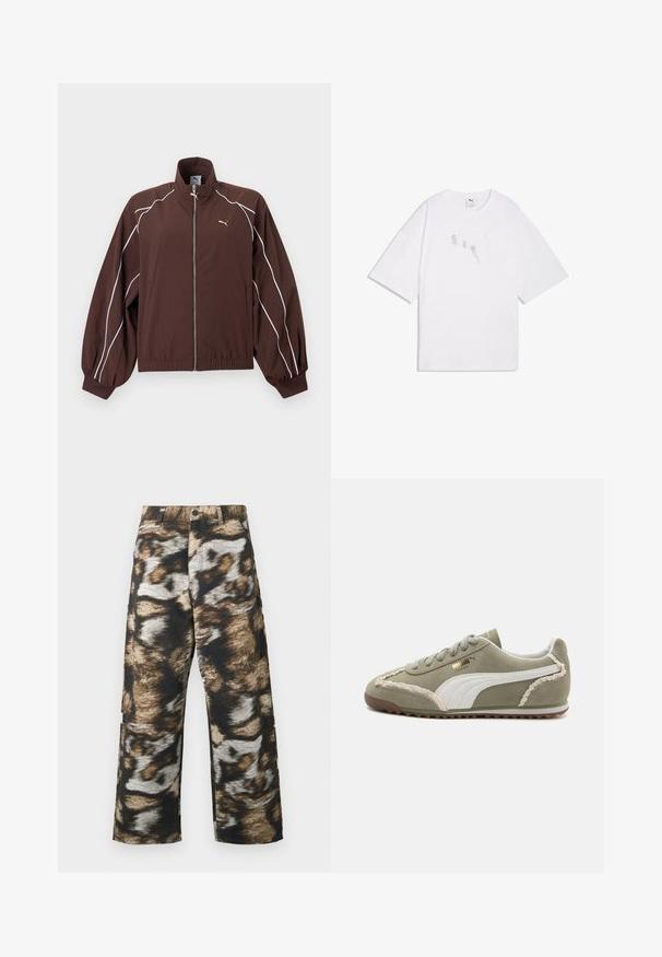 Brun Puma træningstrøje med hvid piping langs ærmerne, fuld lynlås foran, elastiske manchetter og kant samt lille gyldent Puma-logo på brystet.; Hvid oversized T-shirt med korte ærmer, rund halsudskæring og gråt Puma-logo bestående af små prikker på brystet.; Viddebenede bukser med et fedt, abstrakt mønster i sort, brun og creme. Fremstillet af tekstureret stof med høj talje.; Grønne ruskind sneakers med hvide læderdetaljer, struktureret syning, snørelukning og gummisål. Har unikke designfunktioner langs siderne.