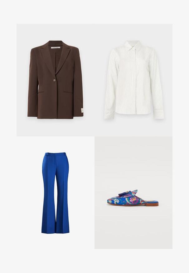 Blazer marrón ajustado con un único botón, solapas muescadas, dos bolsillos frontales con abertura y una etiqueta blanca en el puño de la manga izquierda.; Camisa blanca de botones con rayas verticales en gris claro y azul, mangas largas, cuello estándar y corte recto en el dobladillo.; Pantalones azules acampanados hechos de tejido texturizado, con una cintura ajustada y detalle de plisado en la parte delantera, adecuados para ocasiones formales o informales.; Zapato deslizante bordado con una vibrante tela azul, patrones florales en rosa y verde, y una suela de madera plana con un acento de borlas.