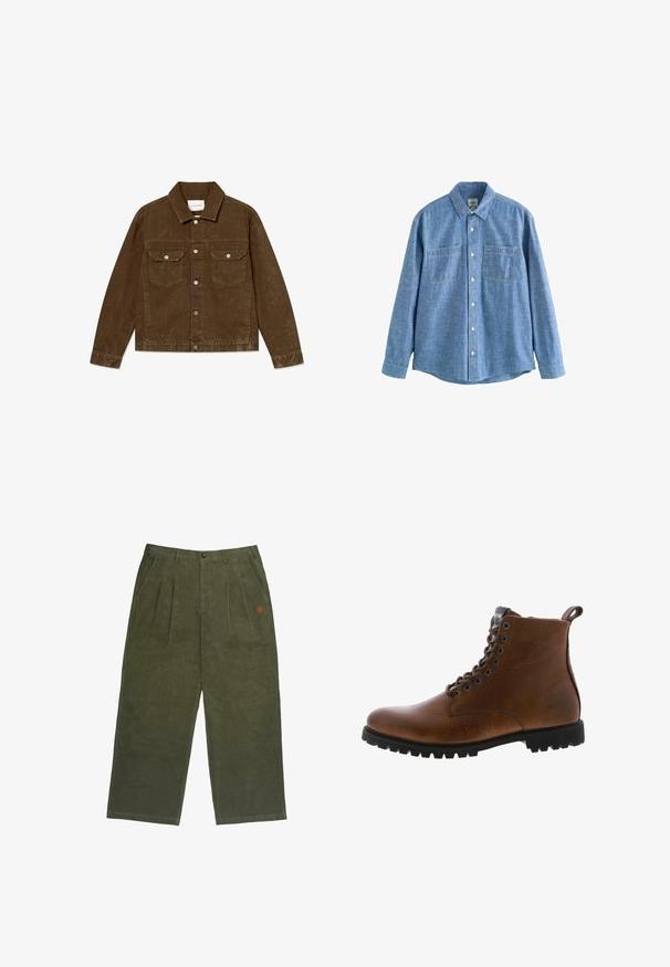 Brun denimjakke med spids krave, forlommer med klapper, metal knapper og en struktureret overflade.; Langærmet blå chambray-skjorte med knaplukning foran og to brystlommer, lagt fladt på en hvid baggrund.; Olivengrønne corduroypants med en afslappet pasform, der har en knaplukning, frontfolder og et lille broderet logo i rødt.; Brune læder ankelstøvler med tekstureret overflade, metaløjer og sort gummisål. Har en træktab bagpå for nem påtagning.