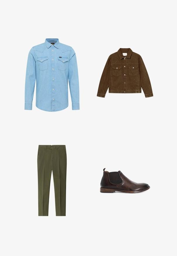 Brun denimjakke med spids krave, forlommer med klapper, metal knapper og en struktureret overflade.; Lyseblå denimskjorte med lange ærmer, knaplukning, to brystlommer med knapper, spids krave og lille Lee-logo på venstre lomme.; Slim-fit bukser i olivengrøn med knap- og lynlås lukning, bæltestropper og sidelommer, lagt fladt på en hvid baggrund.; Brun læder Chelsea-støvle med elastisk sidepanel, trækstrop ved hælen, lav stakket træsål og rundet tå, vist i sideprofil.