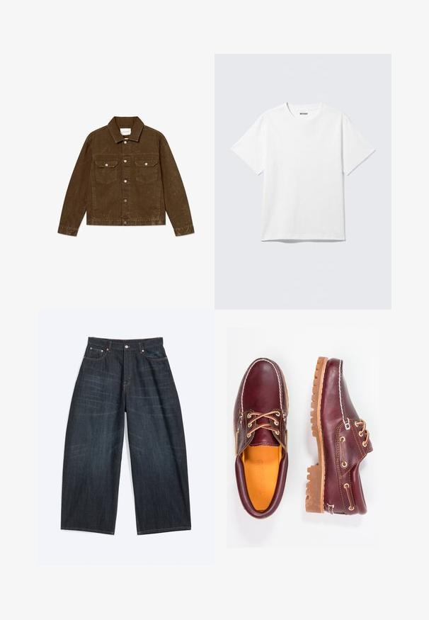 Veste en denim marron avec col pointu, poches avant à rabats, fermetures à boutons en métal et finition texturée.; T-shirt blanc à manches courtes et col rond, étalé à plat, design uni, avec l'étiquette "WEEKDAY" à l'intérieur du col sur un fond clair.; Jean bleu foncé à jambes larges avec poches avant, fermeture à boutons et coutures visibles, étalé à plat sur fond blanc.; Chaussures en cuir bourgogne avec semelles en caoutchouc marron, bout rond, couture blanche et œillets dorés. L'intérieur présente une doublure jaune.