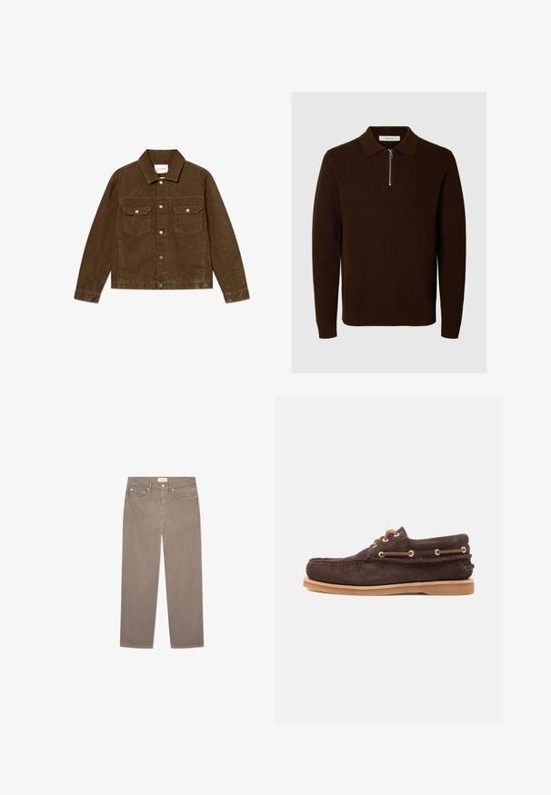 Veste en denim marron avec col pointu, poches avant à rabats, fermetures à boutons en métal et finition texturée.; Pull en maille marron foncé à manches longues avec un col et une courte fermeture éclair à l’avant, poignets et ourlet côtelés.; Jeans brun droit à jambe featuring un design à cinq poches, des accessoires en métal et une texture lisse. Le tissu présente un motif subtil et uniforme.; Chaussure bateau en suède marron avec des lacets en cuir, des œillets dorés, un bout moccasin cousu et une semelle en caoutchouc marron clair sur fond blanc.