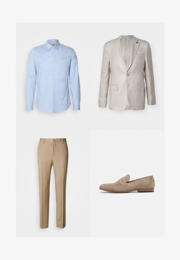 Blazer en lin beige clair avec un revers cranté, fermeture à bouton unique, deux poches avant et une texture tissée subtile. Comprend une épingle décorative.; Chemise à manches longues bleu clair en coton, dotée d'un col boutonné, de boutons sur le devant et d'un logo brodé subtilement sur la poitrine.; Pantalon beige sur mesure en tissu texturé, à front plat et jambes droites. Comprend des poches latérales et des passants pour ceinture, offrant un look élégant.; Mocassin en suède beige avec des coutures minimales, un talon plat et une semelle en cuir. Présente un accent de lanière unique près du cou-de-pied. Silhouette plate.