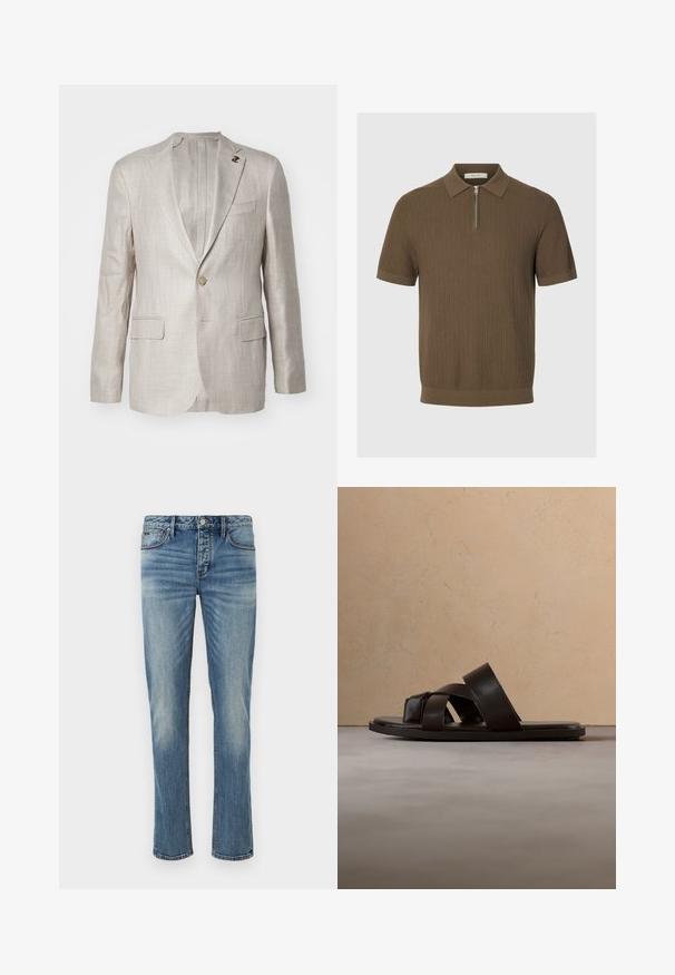 Hellbeige Leinenblazer mit Reverskragen, einreihigem Knopfverschluss, zwei Vordertaschen und einer subtilen Webstruktur. Mit dekorativem Pin.; Braunes Kurzarm-Polohemd aus Strick mit strukturiertem Muster und einem Reißverschluss unter dem Kragen, auf einfachem Hintergrund dargestellt.; Hellblaue Jeans aus Denim mit geradem Schnitt, fünf Taschen, silbernem Knopfverschluss und dezenten Ausbleichungen im Stoff.; Schwarze Leder-Sandale mit flachem Absatz und drei überkreuzten Riemen, schwebend über einem gewebten Teppich aus Naturfasern.