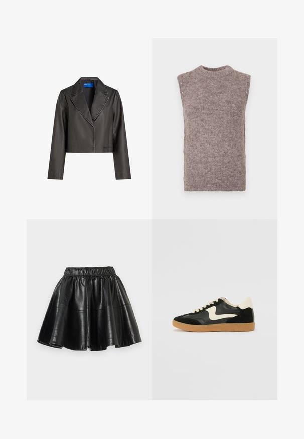 Veste en cuir noir coupée avec des revers crantés, des coutures visibles et des manches longues. Présente une texture lisse et une coupe moderne.; Pull sans manches marron avec une texture douce, un col montant et de petits boutons décoratifs sur l'épaule. Design simple et ajusté.; Jupe évasée en faux cuir noir avec une taille élastique et des coutures visibles sur un fond blanc uni.; Baskets en daim et cuir noir avec un swoosh latéral crème et un talon crème clair. Dotées de lacets beige et d'une semelle en caoutchouc gomme.