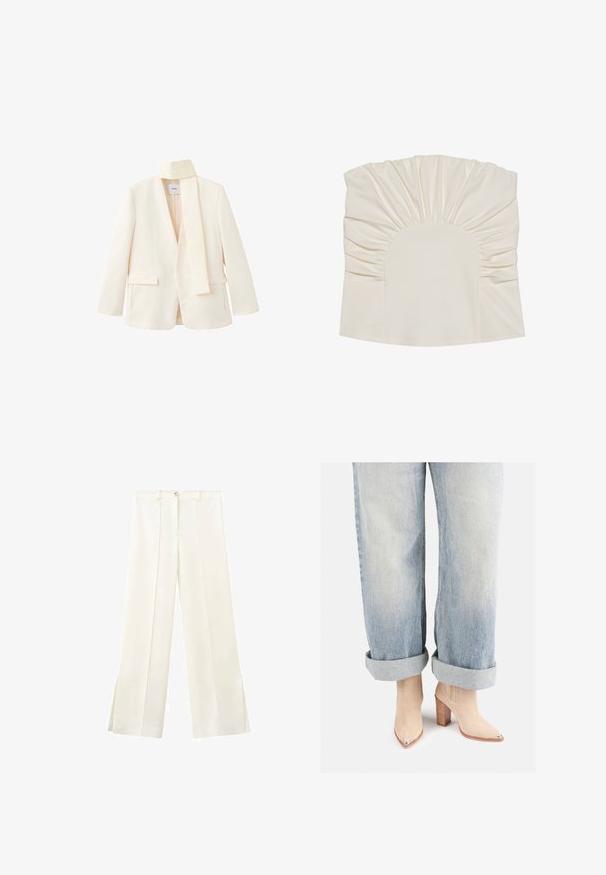Kremfarvet skræddersyet blazer med lange ærmer, detalje med højt kravehalstørklæde og to forlommer med klap.; Cremefarvet top med samlet stof, der har en rund halsudskæring og en glat tekstur. Designet inkluderer plisseringer langs kanterne.; Hvide vidde bukser med høj talje, frontknap, bæltestropper og sidesømme, der går ned til små slids ved kanten.; Beige ruskinds ankelstøvler med spids tå og metallisk hældetalje, parret med lysblå opkrøllede denimjeans.