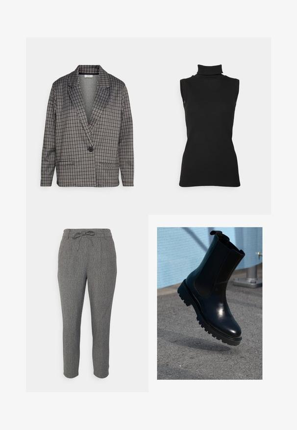 JDY Petite JDYGEGGO HUGH - Blazer - black; Top noir sans manches en maille côtelée, avec un col haut et une silhouette ajustée. Texture lisse avec un minimum de détails.; Pantalons à carreaux gris avec taille à cordon de serrage, design de jambe fuselée et tissu doux texturé. Comprend des plis avant et un ourlet arrivant aux chevilles.; Bottine en cuir noir avec panneaux élastiques sur les côtés, bout arrondi et semelle épaisse texturée. Finition lisse avec un design minimaliste.