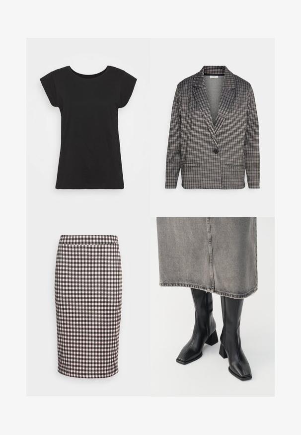 JDY Petite JDYGEGGO HUGH - Blazer - black; Camiseta de algodón negra con manga corta tipo cap sleeve, escote redondo y un corte relajado. Textura suave sin patrones ni adornos visibles.; Falda lápiz de talle alto con patrón de cuadros en negro y rosa claro, hasta la rodilla con un dobladillo recto sobre un fondo blanco.; Botas negras hasta la rodilla de cuero liso con punta cuadrada y tacón cuadrado. Llevadas con una falda de mezclilla gris con dobladillo desflecado.