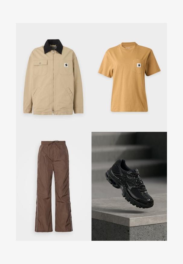 Chaqueta beige con cremallera, cuello negro, bolsillo parche en el pecho izquierdo, bolsillo con solapa y botón en el pecho derecho, y bolsillos laterales.; Camiseta lisa marrón de manga corta con un bolsillo en el pecho que presenta un parche cuadrado con el logo de la marca, mostrada sobre un fondo claro liso.; Pantalones marrones, ligeros, con una cintura elástica y cordón; presentan franjas blancas en los lados y un diseño relajado de pierna ancha. Textura suave.; Zapatilla de running negra de Nike con parte superior de malla y sintética flotando sobre una superficie de hormigón y escalones de fondo.
