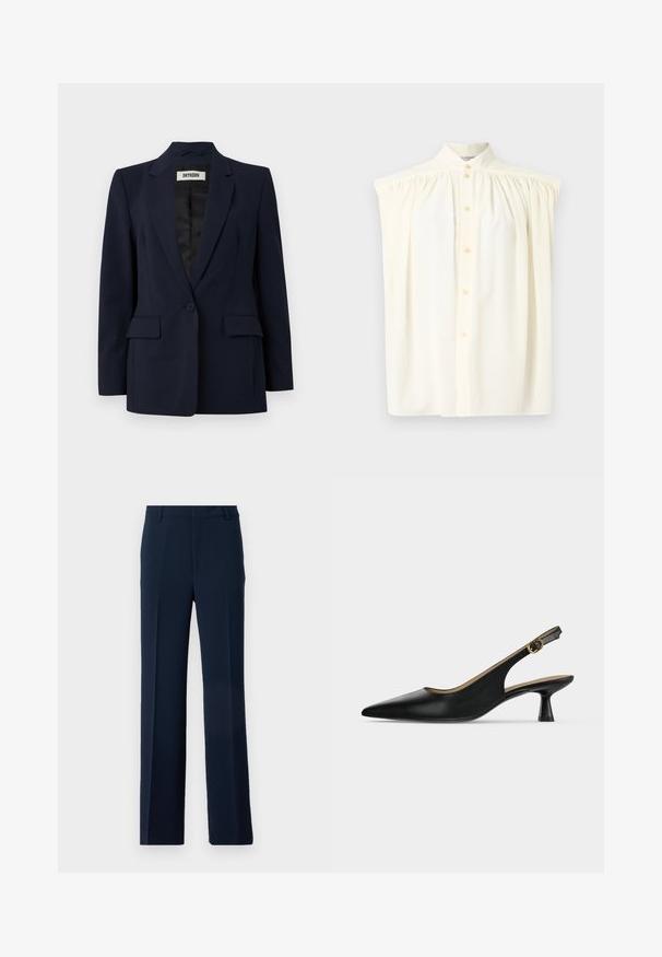 Blazer marine en tissu ajusté. Caractéristiques : revers cranté, fermeture à un bouton, deux poches avant et un intérieur lisse et doublé.; Blouse sans manches de couleur crème avec un col haut, une fermeture à boutons et des détails froncés sur les épaules. Texture du tissu lisse.; Pantalons bleu marine en tissu lisse, présentant un design à jambe droite avec des plis avant et des poches latérales pour une allure soignée.; Escarpin slingback noir à bout pointu, petit talon évasé et bride à boucle dorée, présenté sur un fond clair uni.