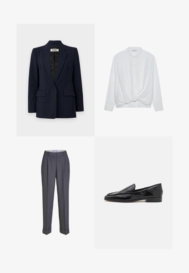 Blazer marine en tissu ajusté. Caractéristiques : revers cranté, fermeture à un bouton, deux poches avant et un intérieur lisse et doublé.; Chemise blanche à manches longues avec col, fermeture à boutons et détail de nœud torsadé à l'ourlet. Tissu lisse avec une coupe décontractée.; Pantalons sur mesure gris foncé avec une coupe droite, un devant plissé et des revers. Fabriqués en tissu lisse, avec une taille classique.; Mocassins en cuir noir avec une finition lisse, dotés d'un design cousu le long du bord avant et d'un petit talon carré.