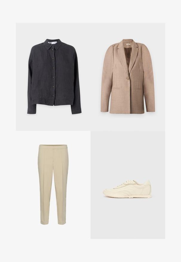 Beige blazer van gestructureerde stof, met een enkele knoopsluiting, een reverskraag en twee voorzakken. Gestructureerd schouderontwerp.; Donkergrijze linnen overhemd met knopen, een kraag, lange mouwen en bruine knopen aan de voorkant, met een relaxte pasvorm en een gladde textuur.; Beige op maat gemaakte broek met rechte pijpen, voorplooien en een manchetzoom. Soepele textuur en geen zichtbare hardware of patronen.; Low-profile sneaker in crèmekleur met golvende stiksels, vetersluiting en een geribbelde zool, zijaanzicht tegen een effen achtergrond.