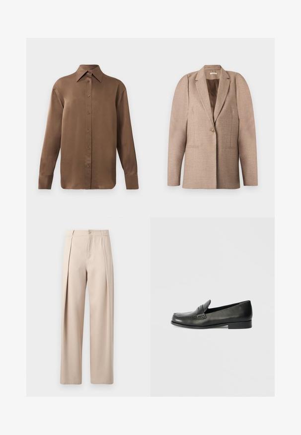 Beige blazer van gestructureerde stof, met een enkele knoopsluiting, een reverskraag en twee voorzakken. Gestructureerd schouderontwerp.; Bruine overhemd met lange mouwen en knopen, voorzien van een spitse kraag en manchetten, op een eenvoudige witte achtergrond weergegeven.; Beige broek met rechte pijpen, uitgevoerd met twee voorplooien, een knoopsluiting en een gladde textuur. Geen zakken zichtbaar op de afbeelding.; Zwarte leren instappers met een ronde neus, verhoogde stiksel details en een lage gestapelde hak. Gladde textuur met een subtiele glans.