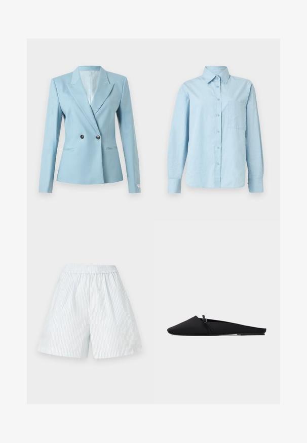 Lyseblå skræddersyet blazer med dobbelte knapper, notch-revers, lange ærmer og to forlommer på hvid baggrund.; Lyseblå skjorte med lange ærmer, knapper, krave og brystlomme, vist på hvid baggrund.; Lyseblå stribede shorts med elastisk talje. Fremstillet af et glat stof, prydet med lodrette hvide striber og en løs pasform.; Sort flad sandal med spids tå, tynd rem og sølvspænde, glat materiale og lav hæl mod hvid baggrund.