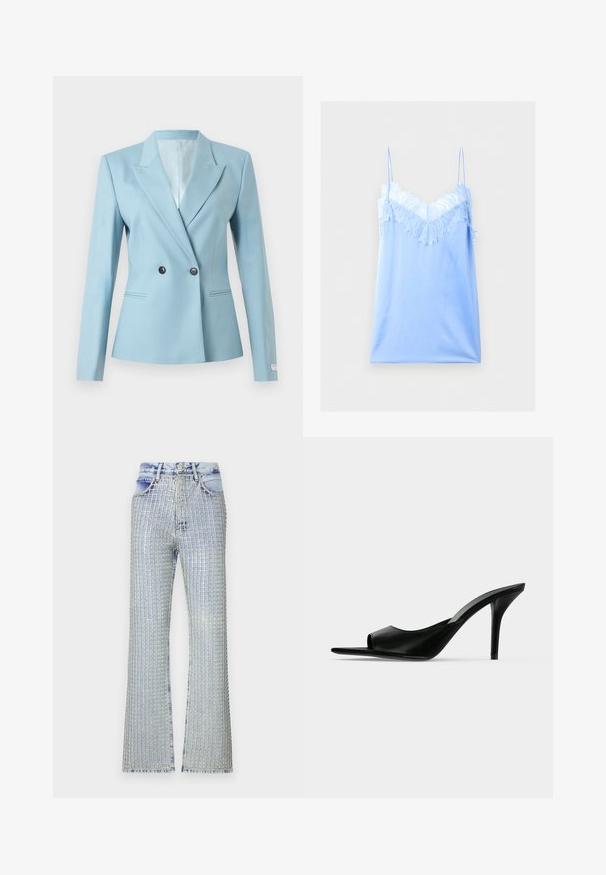 Lichtblauwe getailleerde blazer met dubbele knoopsluiting, notch-revers, lange mouwen en twee voorzakken met bies op een witte achtergrond.; Lichtblauwe satijnen slipjurk met dunne schouderbandjes en witte kanten afwerking langs de V-halslijn en de bovenkant van de borst.; Lichtblauwe denim flared jeans met een ruitpatroon van zilveren versieringen, een hoge taille en een rafelige zoom.; Zwarte leren mule met open teen en hoge slanke naaldhak, zijaanzicht tegen een effen achtergrond.