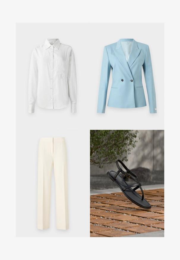 Lyseblå skræddersyet blazer med dobbelte knapper, notch-revers, lange ærmer og to forlommer på hvid baggrund.; Hvid langærmet skjorte med knaplukning, lavet af glat stof, har en spids krave, brystlomme og knappede manchetter for et skræddersyet look.; Kremhvide skræddersyede bukser med lige ben, frontbøjle, linning og skjult lukning foran mod en ensfarvet baggrund.; Sort flad sandal med stropper og guldbeslag, der svæver over en murstens- og pebblemønstret overflade udenfor nær grøntområde.