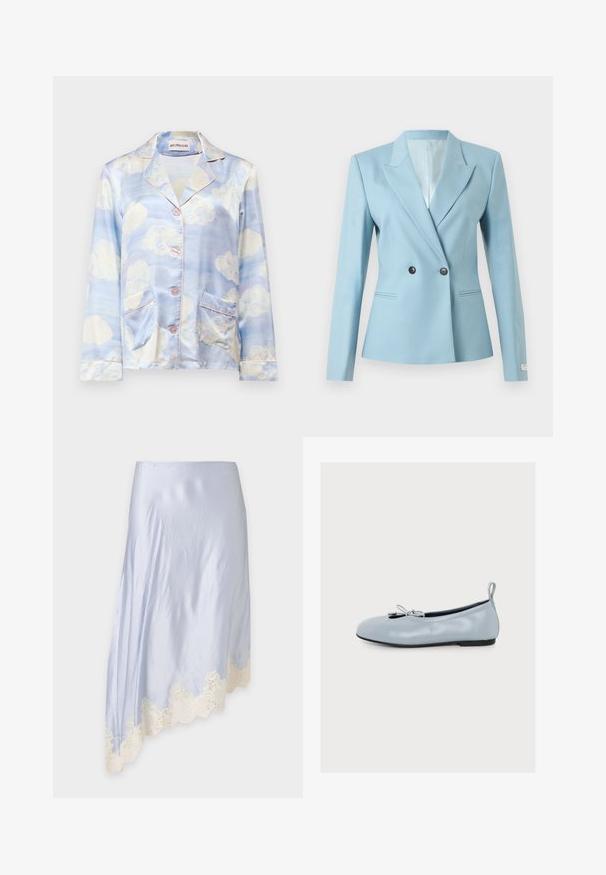 Hellblauer taillierter Blazer mit doppelt geknöpftem Verschluss, Revers mit Kerbe, langen Ärmeln und zwei vorderen Paspeltaschen auf weißem Hintergrund.; Himmelblaue Seiden-Pyjama-Bluse mit Wolkenmustern, ausgestattet mit einem schmalen Kragen, fünf Knöpfen und zwei vorderen Taschen mit hellrosa Besatz.; Hellblauer asymmetrischer Rock mit cremefarbener Spitzenverzierung entlang des schrägen Saums, auf einfachem grauem Hintergrund gezeigt.; Hellblaue Leder-Ballerina mit kleinem Schleifchen oben und einer Lasche an der Ferse, seitlich auf weißem Hintergrund dargestellt.