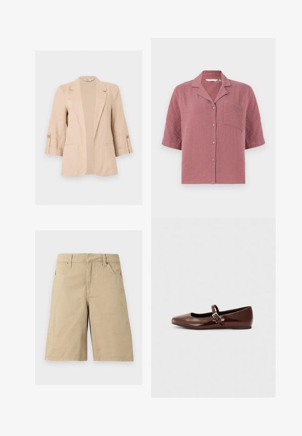 Blazer beige pour femme avec manches trois-quarts, ouverture devant, revers encastrés, pattes de manches boutonnées et deux poches passepoilées à l'avant.; Chemise à manches courtes couleur rose poussiéreux avec col et une poche poitrine unique, fabriquée en tissu texturé.; Shorts en coton beige longueur genou avec passants de ceinture, poches avant et fermeture éclair sur fond blanc.; Ballerine en cuir verni marron avec un bout carré et une lanière ornée d'une petite boucle dorée. Texture lisse, talon bas et design minimaliste.