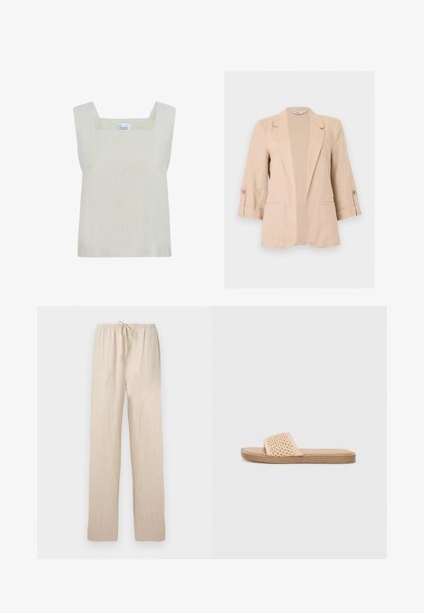 Beige dameblazer med trekvartærmer, åben front, notch-lapel, knaplommer på ærmerne og to forlommer med kant.; Lys beige ærmeløs top med firkantet udskæring, lavet af tekstureret stof, med et simpelt design og lige kanten.; Lysebeige bukser med løs pasform, elastisk talje og snøre, lige ben, lavet af letvægtsstof.; Lys beige slidesandale med en vævet overdel, flad sål og en glat, brun fodseng. Simpelt design uden yderligere hardware eller udsmykninger.