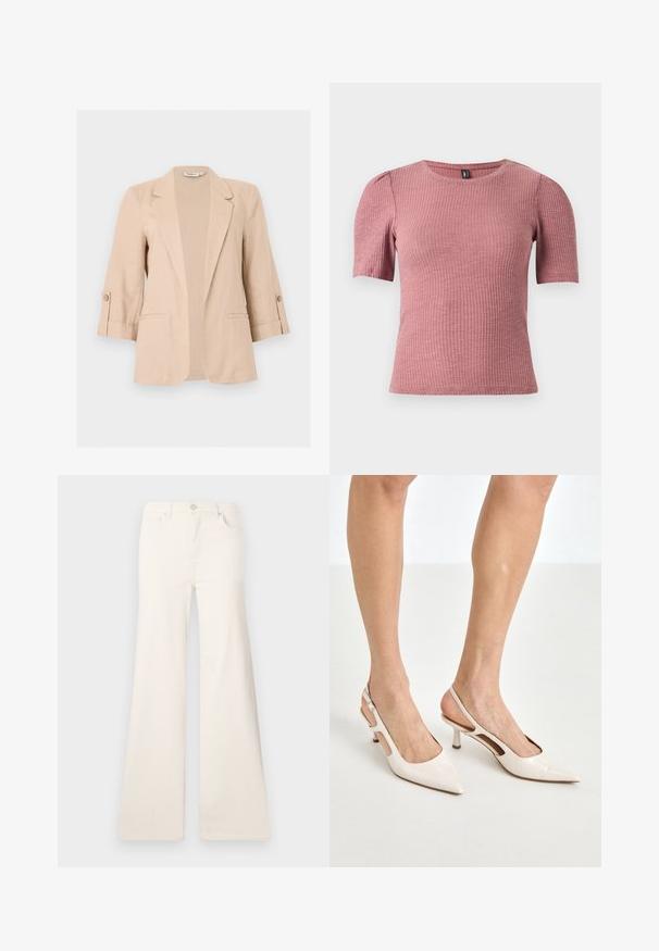 Blazer beige pour femme avec manches trois-quarts, ouverture devant, revers encastrés, pattes de manches boutonnées et deux poches passepoilées à l'avant.; Top à manches courtes en tissu côtelé couleur rose poussière. Encolure ronde avec épaules légèrement bouffantes. Coupe ajustée, matière extensible.; ONLY Wide-fit ONLMADISON High waist Wide Leg Fit - Wide Leg - ecru; Escarpins à talon slingback en cuir verni beige avec un bout pointu et un talon de 5 cm, présentant des côtés découpés et une fine bride à la cheville.