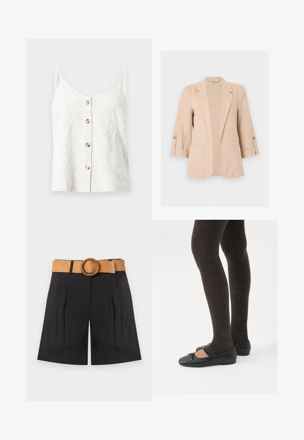Blazer beige pour femme avec manches trois-quarts, ouverture devant, revers encastrés, pattes de manches boutonnées et deux poches passepoilées à l'avant.; Haut blanc sans manches à boutons avec fines bretelles et motifs floraux brodés sur tissu léger.; Short noir taille haute avec plis à l'avant et une large ceinture tissée de couleur fauve avec une grande boucle ronde en bois.; Jambes portant des leggings côtelés foncés associés à des ballerines noires avec de petits détails en nœud sur fond blanc.