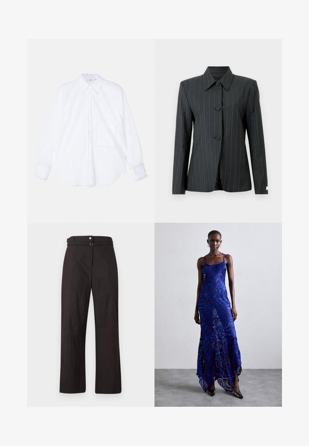 Sort blazer med nålestriber, spids krave, tre knapper og tilpasset pasform. Har lyseblå striber og en glat tekstur.; Hvid langærmet skjorte fremstillet af glat stof, med knaplukning foran, stort krave, rundet nederste kant og en enkelt venstre brystlomme med syningsdetalje.; Sorte bukser med bred benvidde og en glat tekstur, der har en knaplukning og en bæltestrop i taljen. Inkluderer diskrete sømdetaljer.; Blå og lilla dyreprint maxi kjole med tynde stropper, en tætsiddende bodice, flagrende kant og gennemsigtig overlay-detaljering.