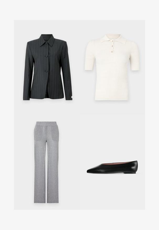 Zwarte blazer met krijtstreep, voorzien van een puntige kraag, drie knopen en een getailleerde pasvorm. Heeft lichtblauwe strepen en een gladde textuur.; Roomkleurig geribd poloshirt met korte mouwen, voorzien van een platte kraag en drie decoratieve knopen bij de halslijn. Soepele textuur.; Grijze, geribbelde gebreide broek met een aansluitende tailleband en uitlopende pijpen. Kenmerkt zich door een subtiele glans en verticale strepen voor textuur.; Zwarte leren damesschoen met platte zool, puntige neus en lage hak, zijwaarts afgebeeld tegen een effen lichtgrijze achtergrond.
