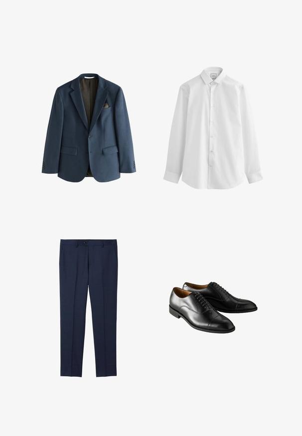 Navyblå enkeltknappet blazer med hakkede revers, to forlommer med klap, brystlomme med brun lommetørklæde og manchetter med fire knapper.; Next EASY CARE SLIM FIT SINGLE CUFF - Skjorter - white; Marine skræddersyede bukser lavet af et glat stof. Har knaplukning, frontlommer og et lige ben design.; Sorte læder dress sko med en glat overflade, rund tå og dekorativ snørering. Har en lav hæl og kontrasterende syninger langs sålen.