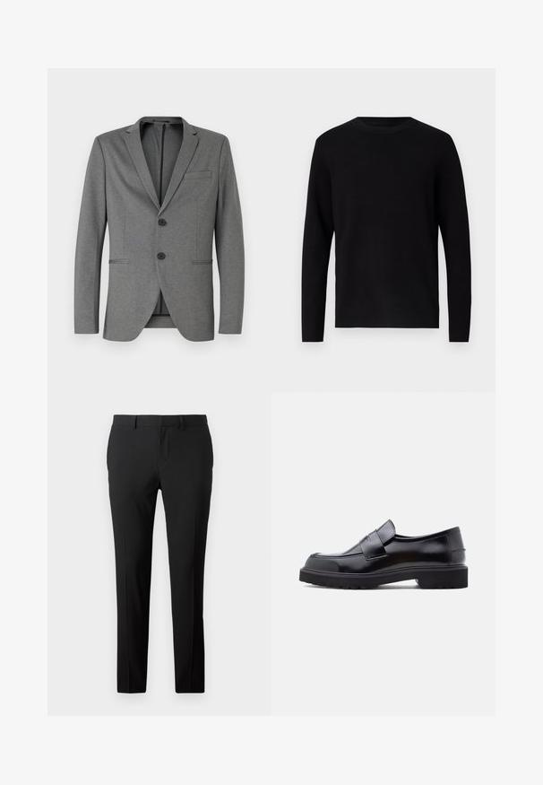 Blazer gris con dos botones negros, solapas de muesca y un solo bolsillo en el pecho. Hecho de una tela texturizada con un ajuste entallado.; Suéter negro de punto con cuello redondo y mangas largas. Textura suave y color sólido, sin patrones ni acentos visibles.; Pantalones negros a medida en una tela suave. Presentan un diseño de pierna recta, pliegues frontales y trabillas para cinturón para un tamaño ajustable.; Zapato negro de piel sin cordones con un diseño elegante, punta redondeada y una suela de goma gruesa y texturizada. Cuenta con una correa decorativa en la parte frontal.