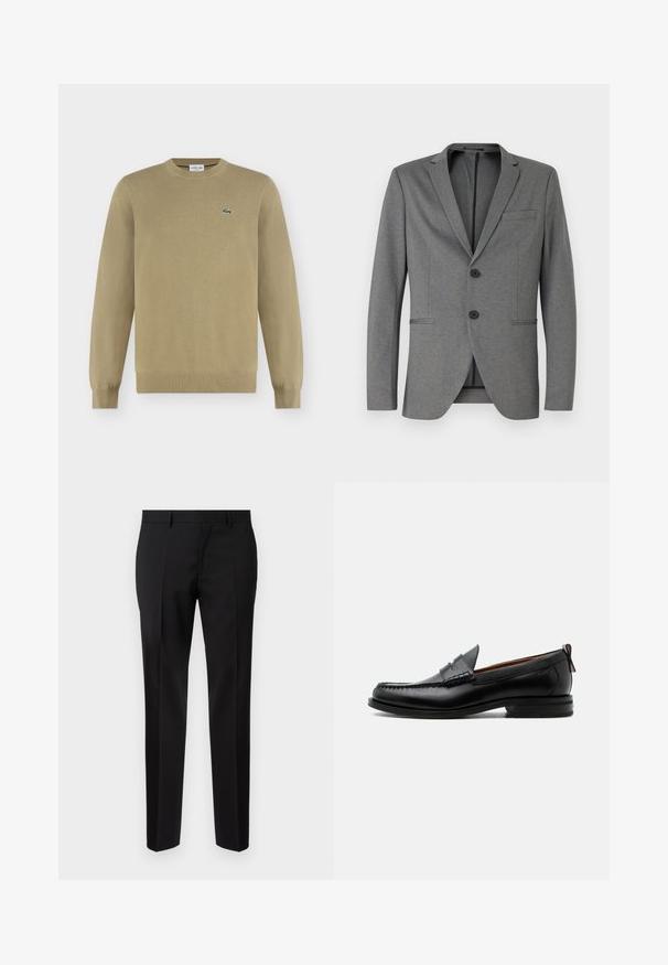 Blazer gris avec deux boutons noirs, revers crantés et une poche poitrine. Fabriqué en tissu texturé avec une coupe ajustée.; Pull beige à manches longues avec col rond, poignets et ourlet côtelés, avec un petit logo crocodile vert brodé sur le côté gauche de la poitrine.; Pantalons noirs ajustés en tissu lisse, présentant une jambe droite, des détails de pli raffinés et une taille classique avec passants de ceinture.; Mocassin homme en cuir noir avec couture moc toe, bride penny, col texturé et petit talon empilé sur fond blanc.