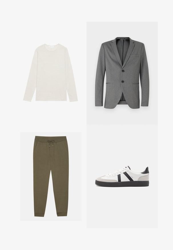 Grå blazer med to sorte knapper, almindelige klapper og en enkelt brystlomme. Fremstillet af tekstureret stof med en skræddersyet pasform.; Creme langærmet t-shirt lavet af blødt strikket stof. Har en rund halsudskæring og en afslappet pasform uden synlige mønstre eller accenter.; Olivenfarvede joggerbukser med elastisk talje, snor, sidelommer og tapered ben. Fremstillet af blødt stof med en glat tekstur.; Hvide sneakers med sorte og grå detaljer, med en tekstureret grå tåhætte, sort gummisål og flade hvide snørebånd. Rent design, minimalistisk stil.