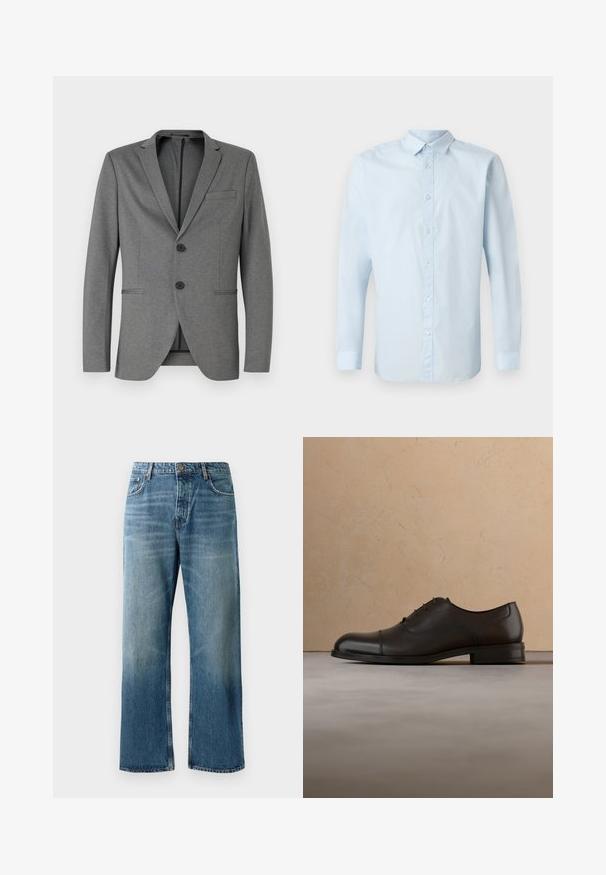 Grå blazer med to sorte knapper, almindelige klapper og en enkelt brystlomme. Fremstillet af tekstureret stof med en skræddersyet pasform.; Lys blå langærmet skjorte lavet af glat stof, med knaplukning fortil, almindelig krave og knaplukning ved håndleddene.; Lysblå brede jeans med en falmet vask, prydet med enkeltknaplukning, fem lommer og kontrastsyede detaljer.; Sort læder oxfordsko svævende over let vævet tæppe med rundt træ-sofabord og bunker af bøger i baggrunden.