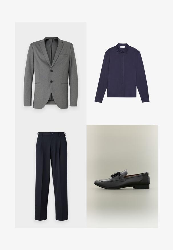 Grauer Blazer mit zwei schwarzen Knöpfen, mit Reverskragen und einer einzelnen Brusttasche. Hergestellt aus strukturiertem Stoff mit schmaler Passform.; Marineblaues Langarmhemd aus glattem Stoff, mit Knopfverschluss vorne, spitzen Kragen und leicht lockerer Passform.; Marineblaue, maßgeschneiderte Hose mit Knopf- und Reißverschluss vorne, Gürtelschlaufen und Seitentaschen, gezeigt auf weißem Hintergrund.; Schwarze Lederloafers mit abgerundetem Zehenbereich, dekorativen Quasten und gestickten Details. Flacher Absatz mit schlankem Profil und glatter Textur.