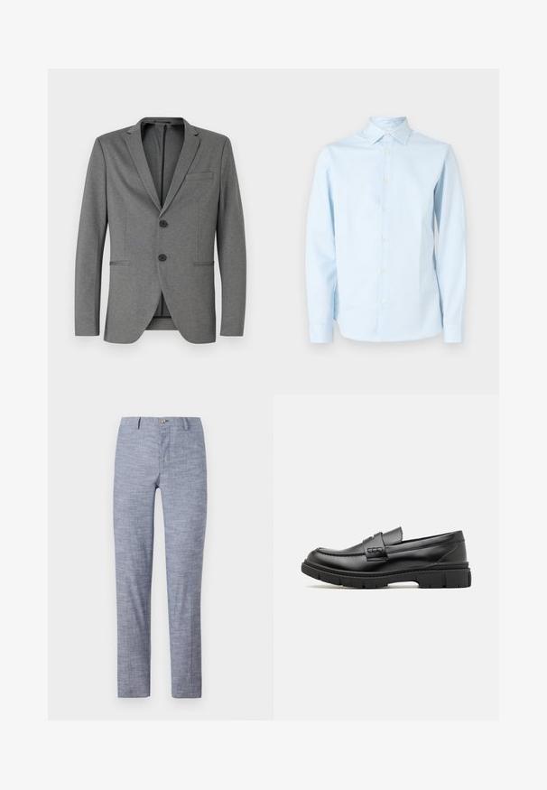 Blazer gris con dos botones negros, solapas de muesca y un solo bolsillo en el pecho. Hecho de una tela texturizada con un ajuste entallado.; Camisa de manga larga a rayas azul claro hecha de algodón. Cuenta con cuello clásico, cierre frontal de botones y puños con pequeños botones.; Pantalones de color azul claro hechos de una tela texturizada con un sutil patrón de espiga. Cuentan con un cierre de botón y un ajuste a medida.; Mocasin de cuero negro con una cinta ancha en el empeine, suela de goma con tacos gruesos y textura suave. Diseño clásico y elegante.
