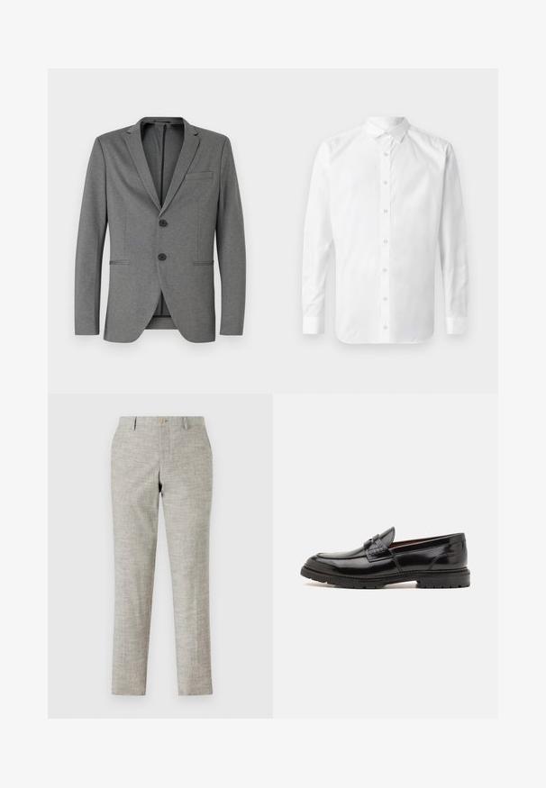 Blazer gris con dos botones negros, solapas de muesca y un solo bolsillo en el pecho. Hecho de una tela texturizada con un ajuste entallado.; Camisa blanca de manga larga, tipo botón, con cuello clásico, placket frontal con botones y una textura de algodón suave.; Pantalones de color gris claro con una tela texturizada, que presentan una parte delantera plana, cremallera y un cierre de un solo botón. Corte ajustado y piernas rectas.; ALDO ALERIS - Zapatos sin cordones - black
