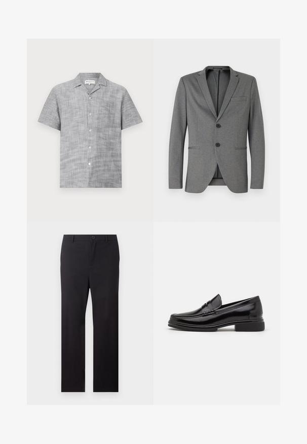 Grijze blazer met twee zwarte knopen, met gesneden revers en een enkele borstzak. Gemaakt van textuurstof met een getailleerde pasvorm.; Grijze korte mouwen knoopshirt van gestructureerde stof met een kraag en een klein borstzakje. Voorzien van lichte knopen.; Zwarte rechte broek met riemlussen en een knoopsluiting aan de voorkant op een witte achtergrond.; Zwarte leren instappers met een afgeronde neus, voorzien van een gestikte detail over de wreef, en een lage blokhak. Glad textuur en glanzende afwerking.