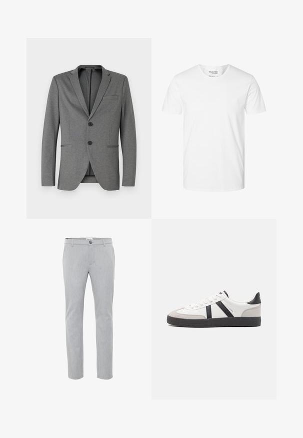 Grå blazer med to sorte knapper, almindelige klapper og en enkelt brystlomme. Fremstillet af tekstureret stof med en skræddersyet pasform.; Enkelt hvid t-shirt med korte ærmer og rund hals, lavet af økologisk bomuld, mærket Selected Homme, størrelse large.; Lysegrå bukser lavet af vævet stof, med flad front, knaplukning og lige ben. Rene linjer og minimal dekoration.; Hvide sneakers med sorte og grå detaljer, med en tekstureret grå tåhætte, sort gummisål og flade hvide snørebånd. Rent design, minimalistisk stil.
