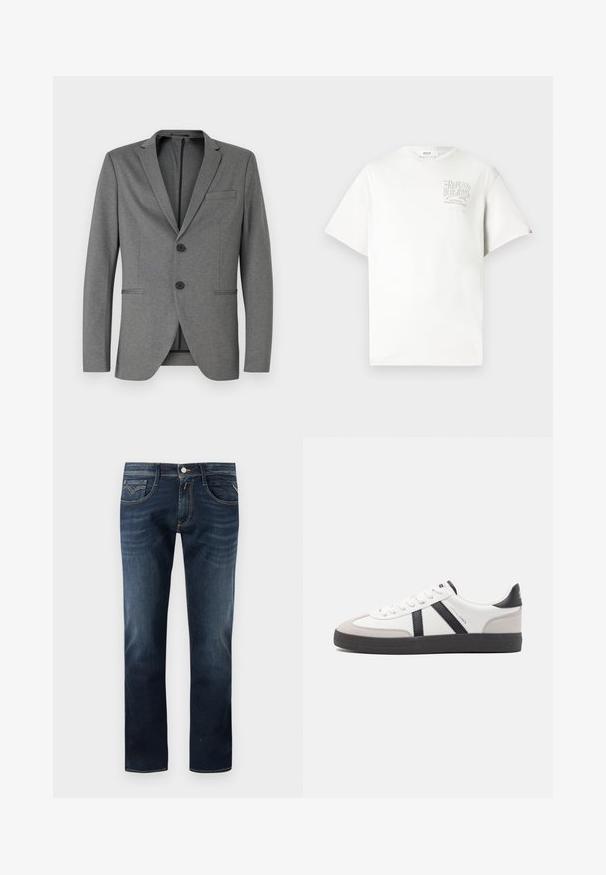 Grauer Blazer mit zwei schwarzen Knöpfen, mit Reverskragen und einer einzelnen Brusttasche. Hergestellt aus strukturiertem Stoff mit schmaler Passform.; Weißes Baumwoll-T-Shirt mit kurzen Ärmeln, ausgestattet mit einem grauen Drucklogo auf der linken Brust. Rundhalsausschnitt, lockere Passform und minimale Akzente.; Dunkelblaue Jeans aus Denim mit einem klassischen geraden Bein Design, ausgestattet mit fünf Taschen, einem Knopfverschluss vorne und dezenten Steppnähten.; Weiße Sneaker mit schwarz- und grau-aczenten, ausgestattet mit einer strukturierten grauen Zehenkappe, schwarzer Gummi-Sohle und flachen weißen Schnürsenkeln. Sauberes Design, minimalistische Stil.