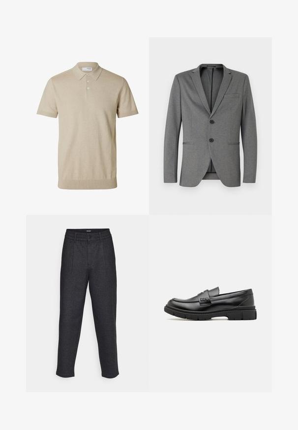 Grauer Blazer mit zwei schwarzen Knöpfen, mit Reverskragen und einer einzelnen Brusttasche. Hergestellt aus strukturiertem Stoff mit schmaler Passform.; Beiges kurzärmeliges Poloshirt mit Kragen und drei Knöpfen, gerippte Bündchen an Ärmeln und Saum, einfarbiger Strickstoff.; Jack & Jones PREMIUM JPSTKARL JJREESE TAPERED - Chino - dark grey; Schwarze Lederloafer mit einem breiten Riemen über dem Rist, Gummisohle mit dicken Profilen und glatter Textur. Klassisches, schlankes Design.