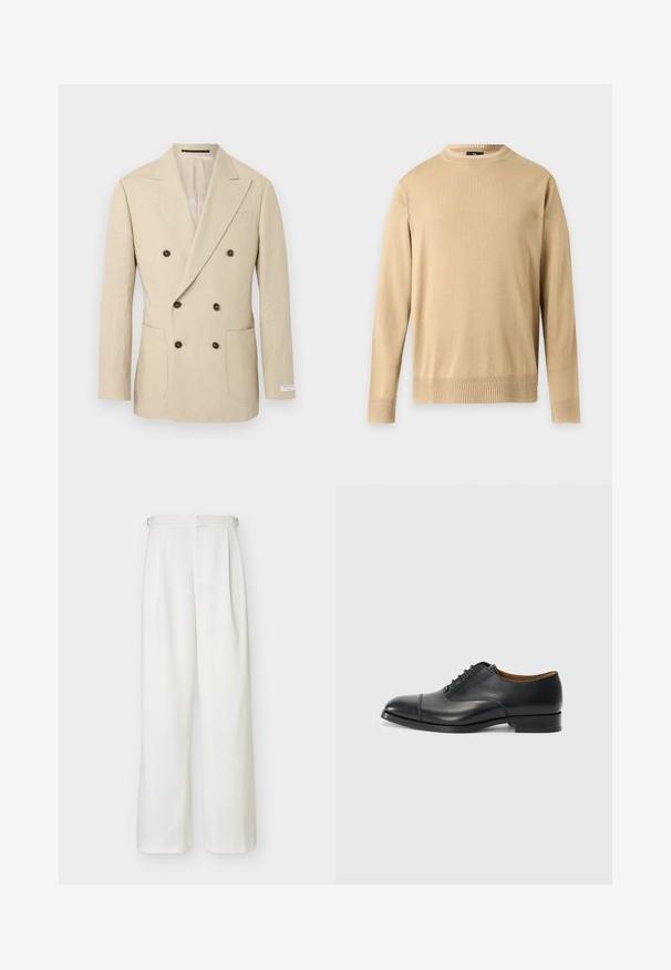 Blazer beige de hombre de doble botonadura con seis botones oscuros, solapas pico, dos bolsillos frontales de parche y una pequeña etiqueta en la manga.; Jersey beige de manga larga con cuello redondo, puños y dobladillo acanalados, mostrado sobre un fondo liso gris claro.; Pantalones blancos de pierna ancha y cintura alta con cinturilla y detalles de hebilla lateral, con un diseño limpio y entallado.; Zapato de vestir de piel negra con un acabado suave, punta redondeada, cinco ojales para los cordones y tacón bajo en bloque. Diseño minimalista con costuras sutiles.