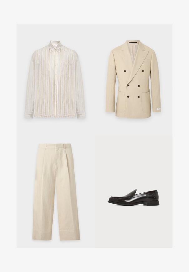 Blazer beige pour homme à double boutonnage avec six boutons foncés, revers à pointe, deux poches plaquées à l'avant et une petite étiquette sur la manche.; Chemise homme à manches longues avec boutons, rayures verticales beige, blanches et marron clair, et une unique poche poitrine.; Pantalon beige à jambes larges avec passants de ceinture, plis devant et fermeture avant dissimulée.; Mocassin pour homme en cuir noir, sans lacets, avec petit talon et coutures décoratives à l'avant et sur les côtés, sur fond blanc.