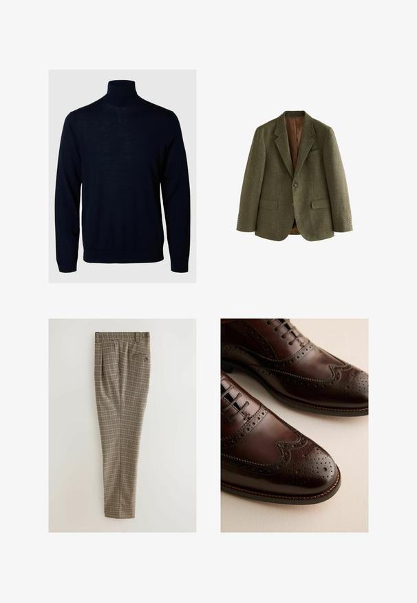 Olivenfarvet tweed blazer med et herringbone-mønster, slagkrave, to frontlommer og knappede ærmer med metalliske detaljer.; Marineblå sweater med høj hals, lange ærmer, ribbede manchetter og kant, lavet af blødt stof med en glat tekstur og minimalistisk design.; Brune og sorte ternede bukser med folder, sidelommer og en baglomme med knaplukning. Stof har en glat tekstur.; Et par mørkebrune læderbroguesko med dekorative perforeringer og snørebånd på en lys overflade.