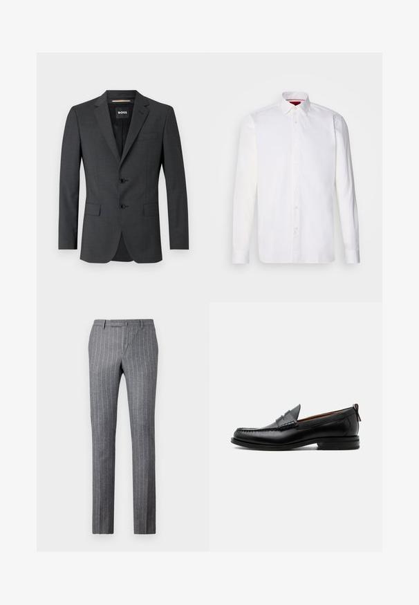 Donkergrijze blazer met twee knopen, notch revers en een enkele borstzak, gemaakt van gestructureerde stof. De gevoerde binnenkant heeft een merketiket.; Witte overhemd met lange mouwen van katoen, met een klassieke kraag, een voorkant met knopen en een gladde textuur. Rode details aan de binnenkant van de kraag.; Grijze pinstriped broek gemaakt van textuurstof, met een klassiek ontwerp, rechte pasvorm en twee voorke pockets.; Zwarte leren herensloffen met moc toe stiksel, pennyriem, gestructureerde kraag en lage gestapelde hak op witte achtergrond.